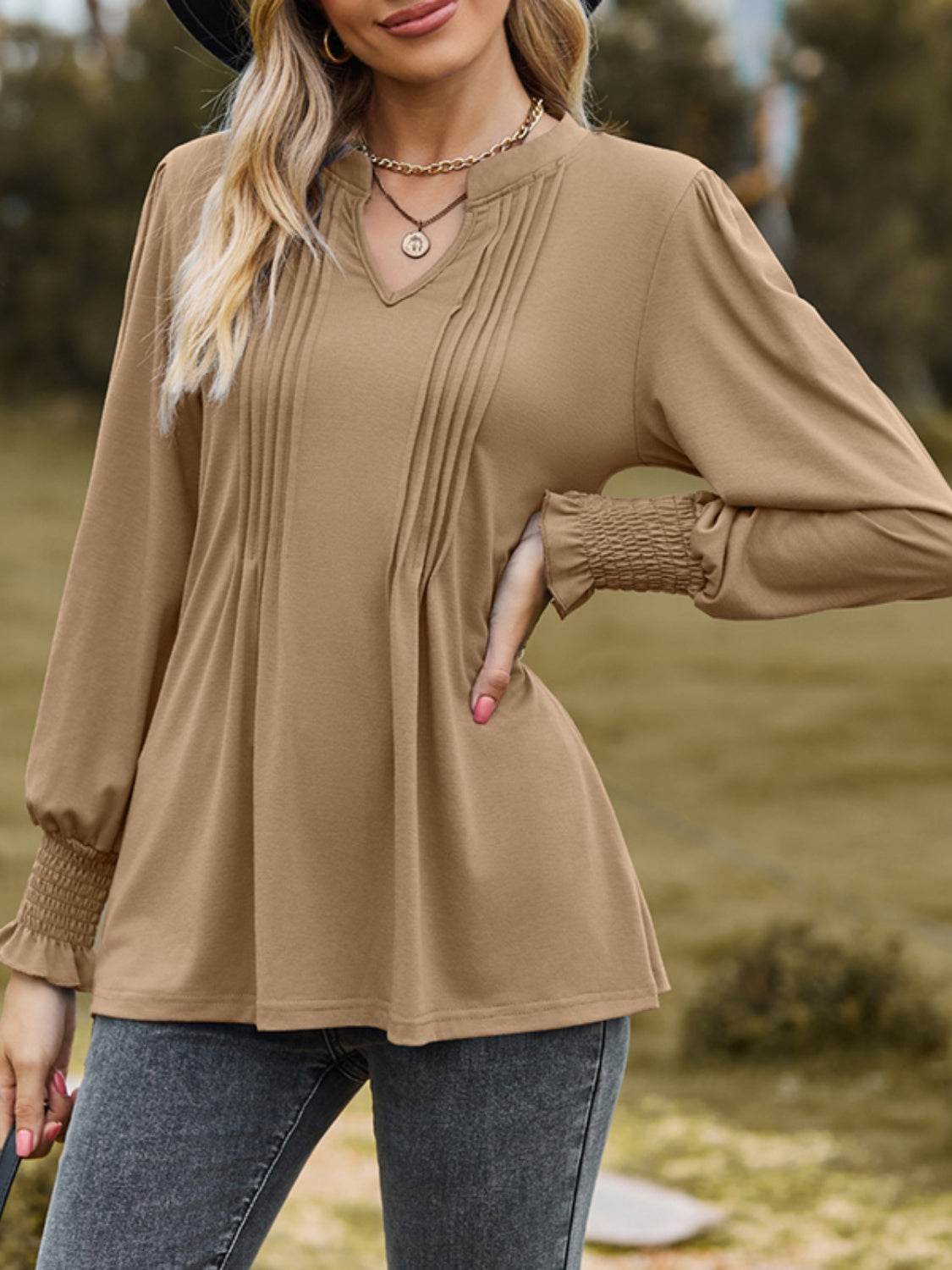 Ruched Notched Long Sleeve T-Shirt for a perfect OOTD – dress to impress outfits from Amexza