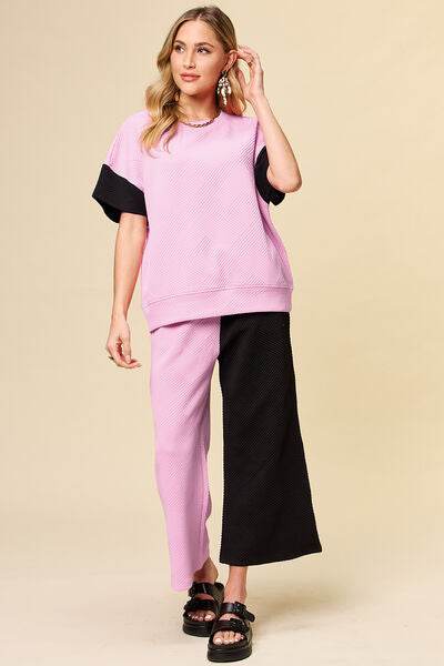 Double Take Full Size Texture Contrast T-Shirt and Wide Leg Pants Set Pink for a perfect OOTD – dress to impress outfits from Amexza