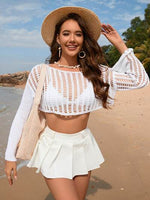 Openwork Boat Neck Long Sleeve Cover-Up White for a perfect OOTD – dress to impress outfits from Amexza