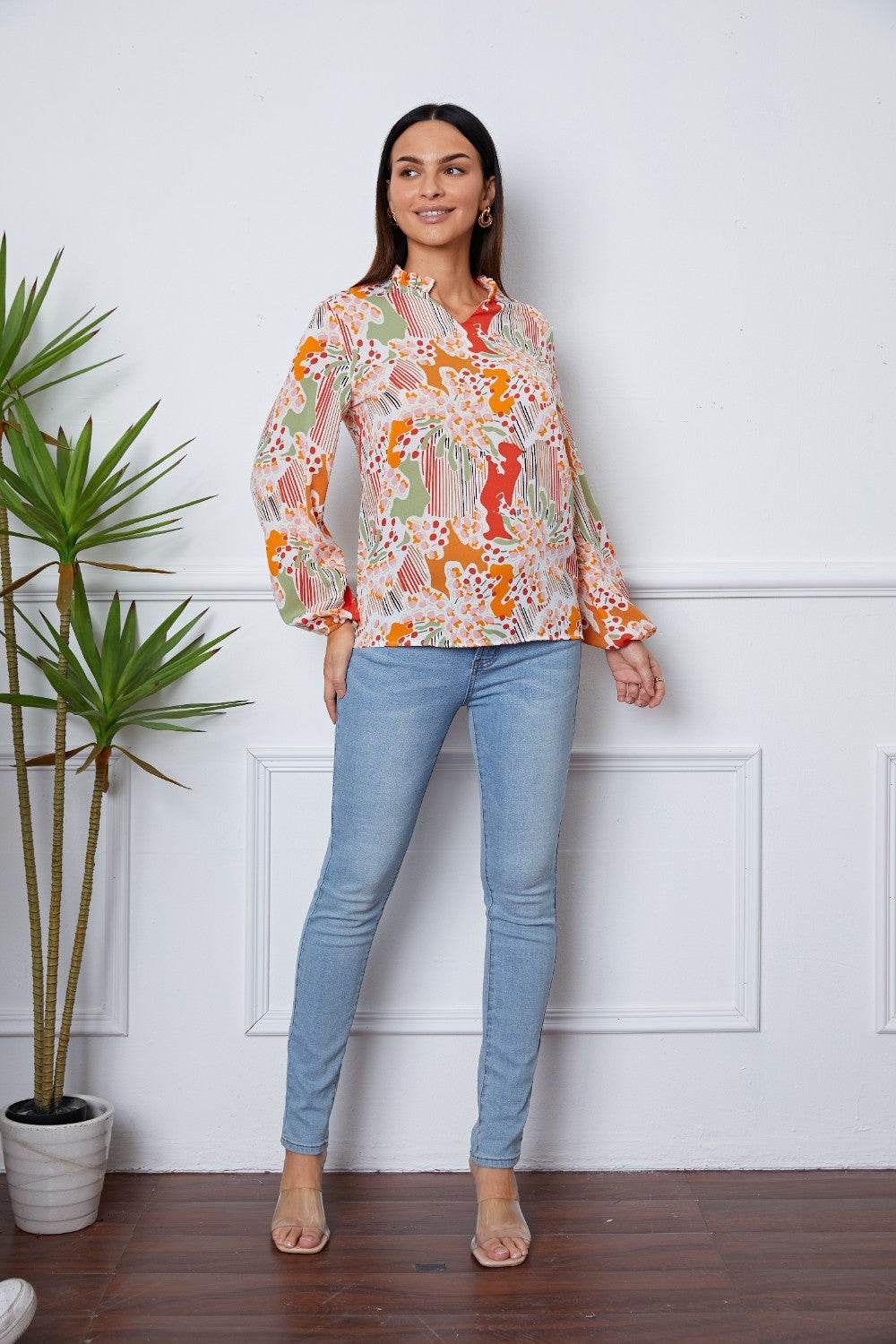 Floral Frill Notched Long Sleeve Blouse for a perfect OOTD – dress to impress outfits from Amexza