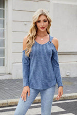 Ribbed Cold Shoulder Long Sleeve Top - Amexza