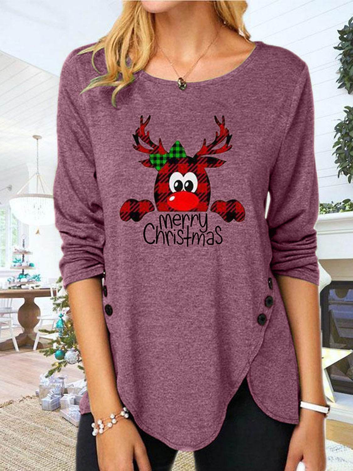 Full Size Reindeer Round Neck Long Sleeve T-Shirt Dusty Pink for a perfect OOTD – dress to impress outfits from Amexza