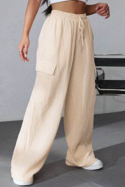 Drawstring Pocketed Wide Leg Pants - Amexza