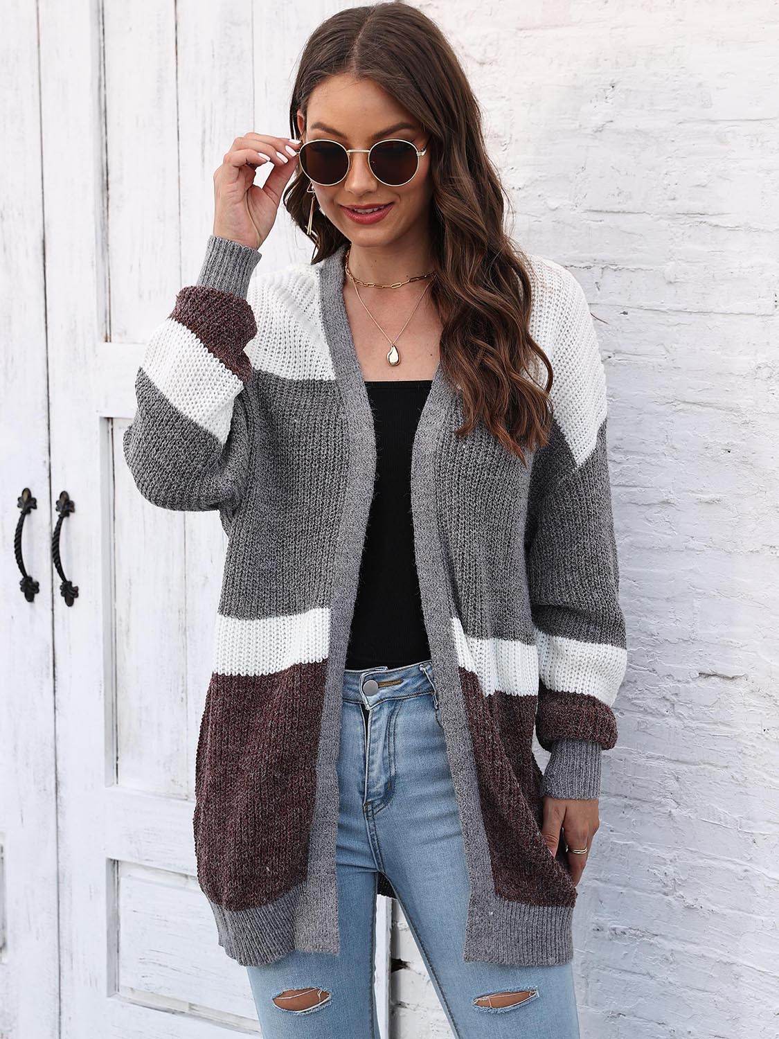 Color Block Open Front Cardigan - Amexza