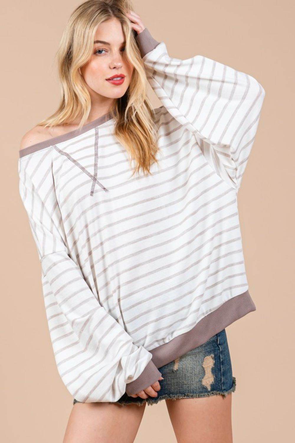 Ces Femme Striped Round Neck Drop Shoulder Sweatshirt - Amexza