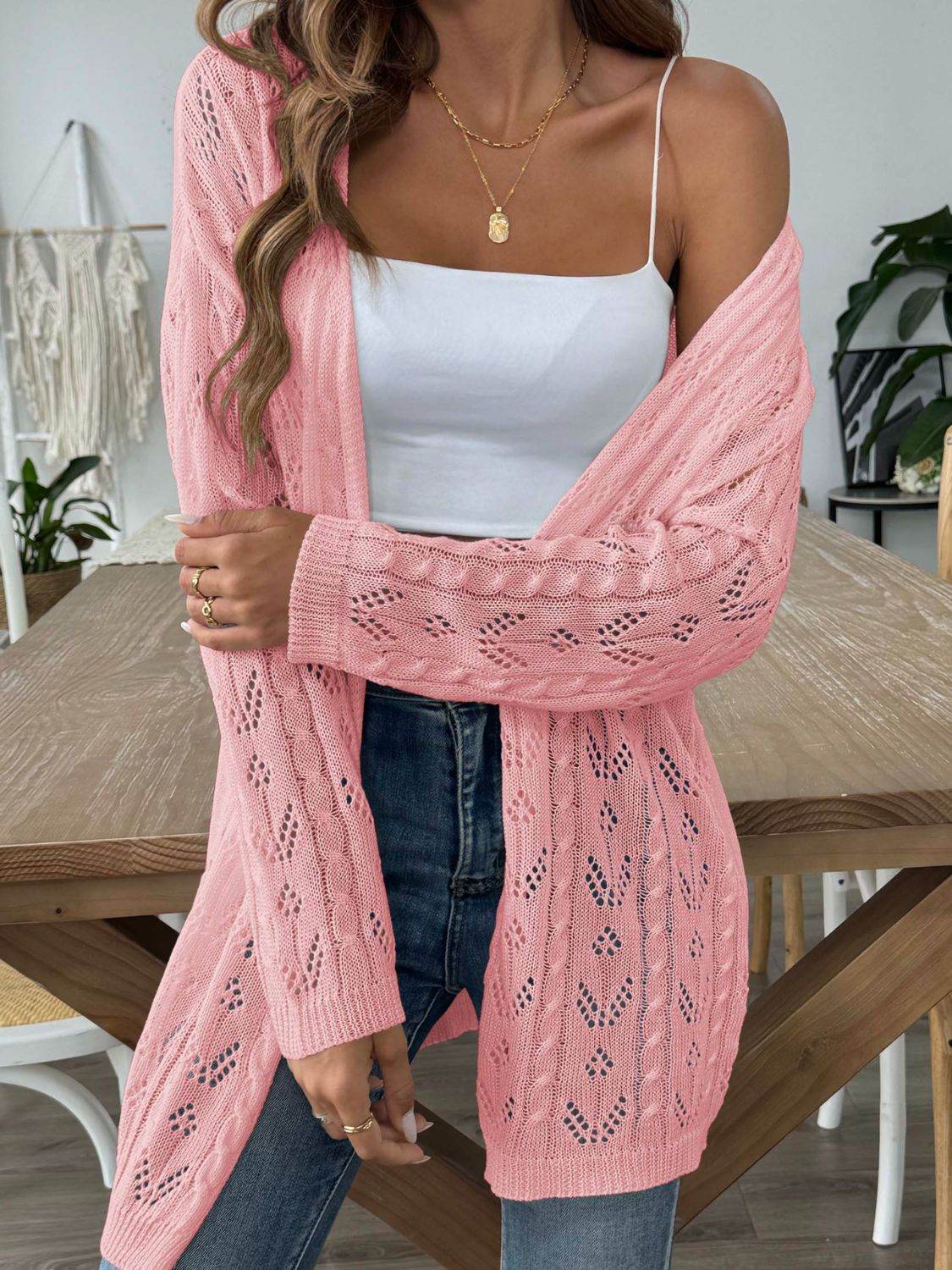 Openwork Open Front Long Sleeve Cardigan - Amexza