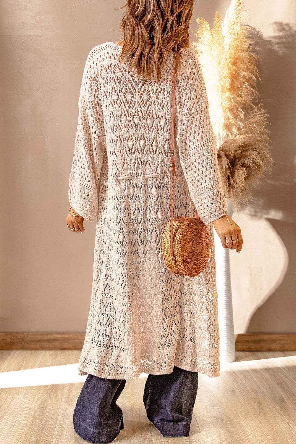 Dropped Shoulder Long Sleeve Crochet Duster Cardigan for a perfect OOTD – dress to impress outfits from Amexza