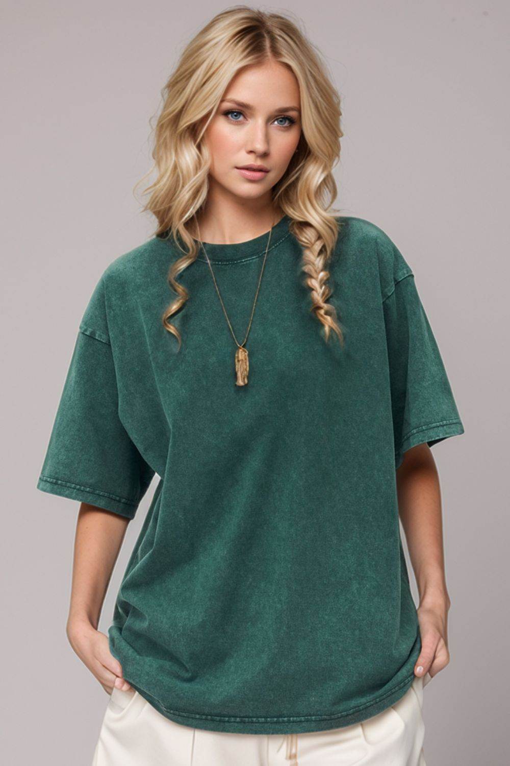 Basic Bae Round Neck Half Sleeve T-Shirt Deep Teal for a perfect OOTD – dress to impress outfits from Amexza