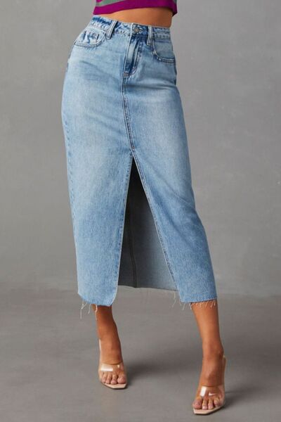 Slit Raw Hem Midi Denim Skirt Light Blue for a perfect OOTD – dress to impress outfits from Amexza