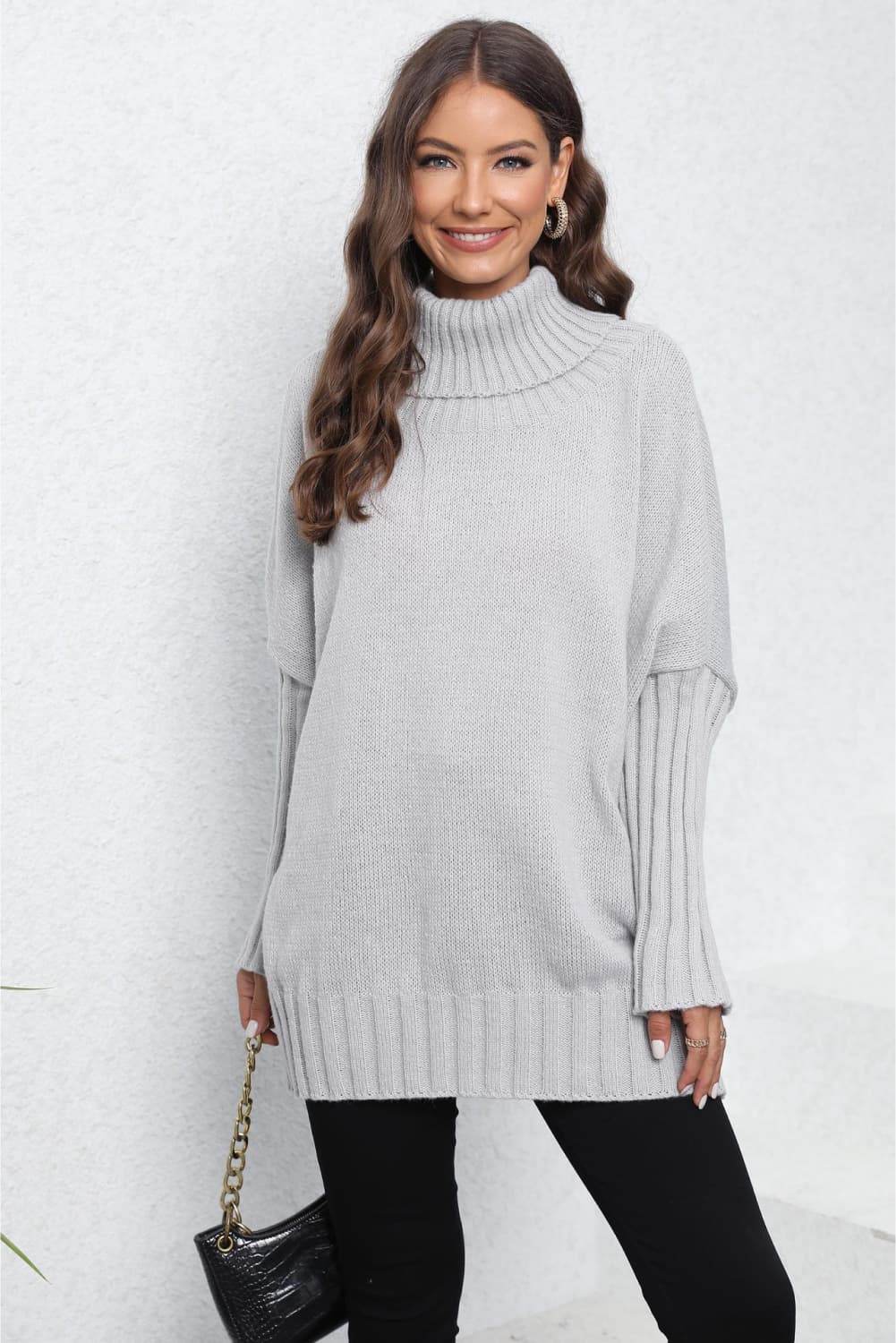 Turtle Neck Long Sleeve Ribbed Sweater Light Gray One Size for a perfect OOTD – dress to impress outfits from Amexza