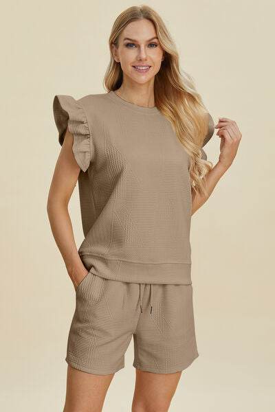 Double Take Full Size Texture Round Neck Ruffle Sleeve Top and Shorts Set Khaki for a perfect OOTD – dress to impress outfits from Amexza