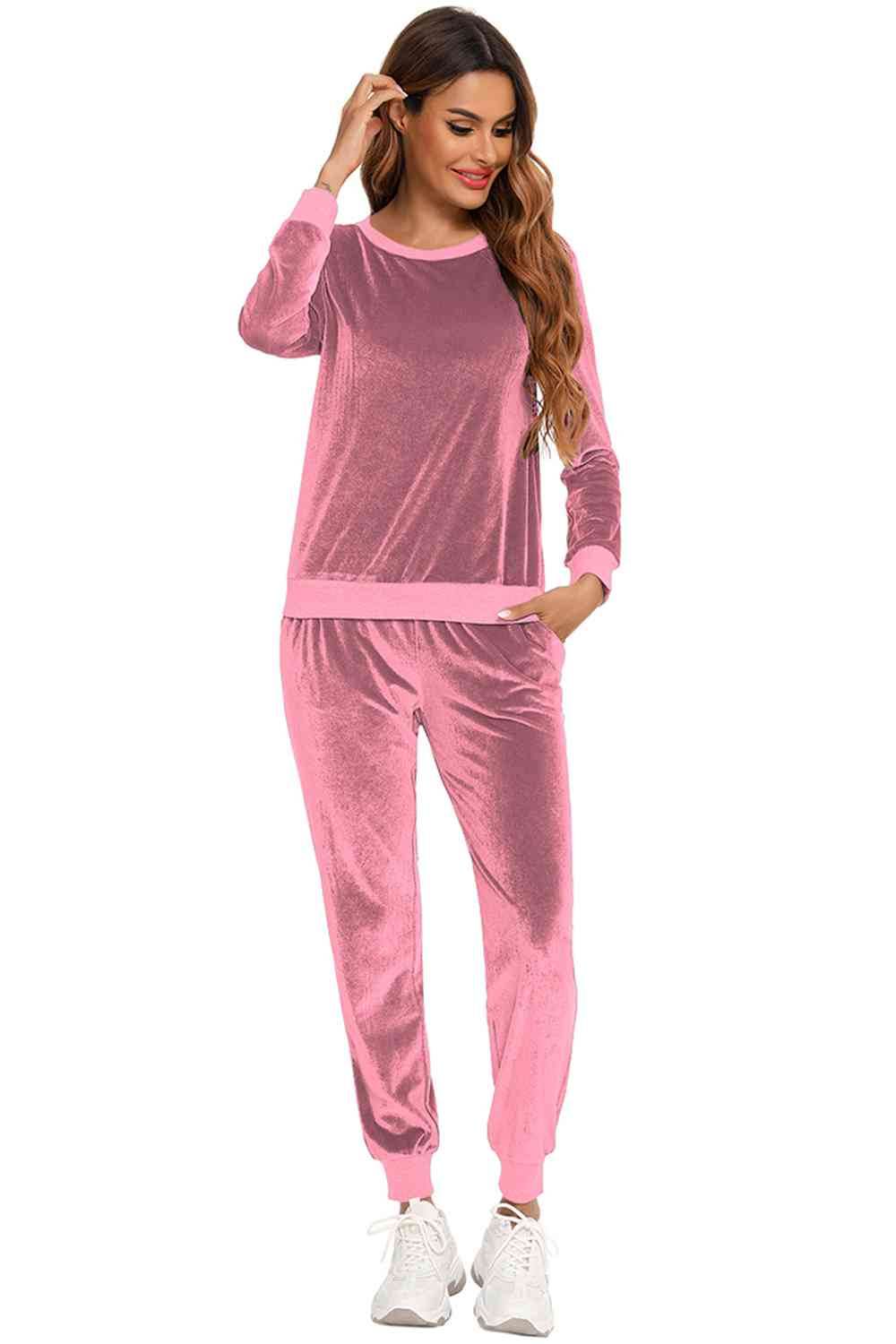 Round Neck Long Sleeve Loungewear Set with Pockets for a perfect OOTD – dress to impress outfits from Amexza