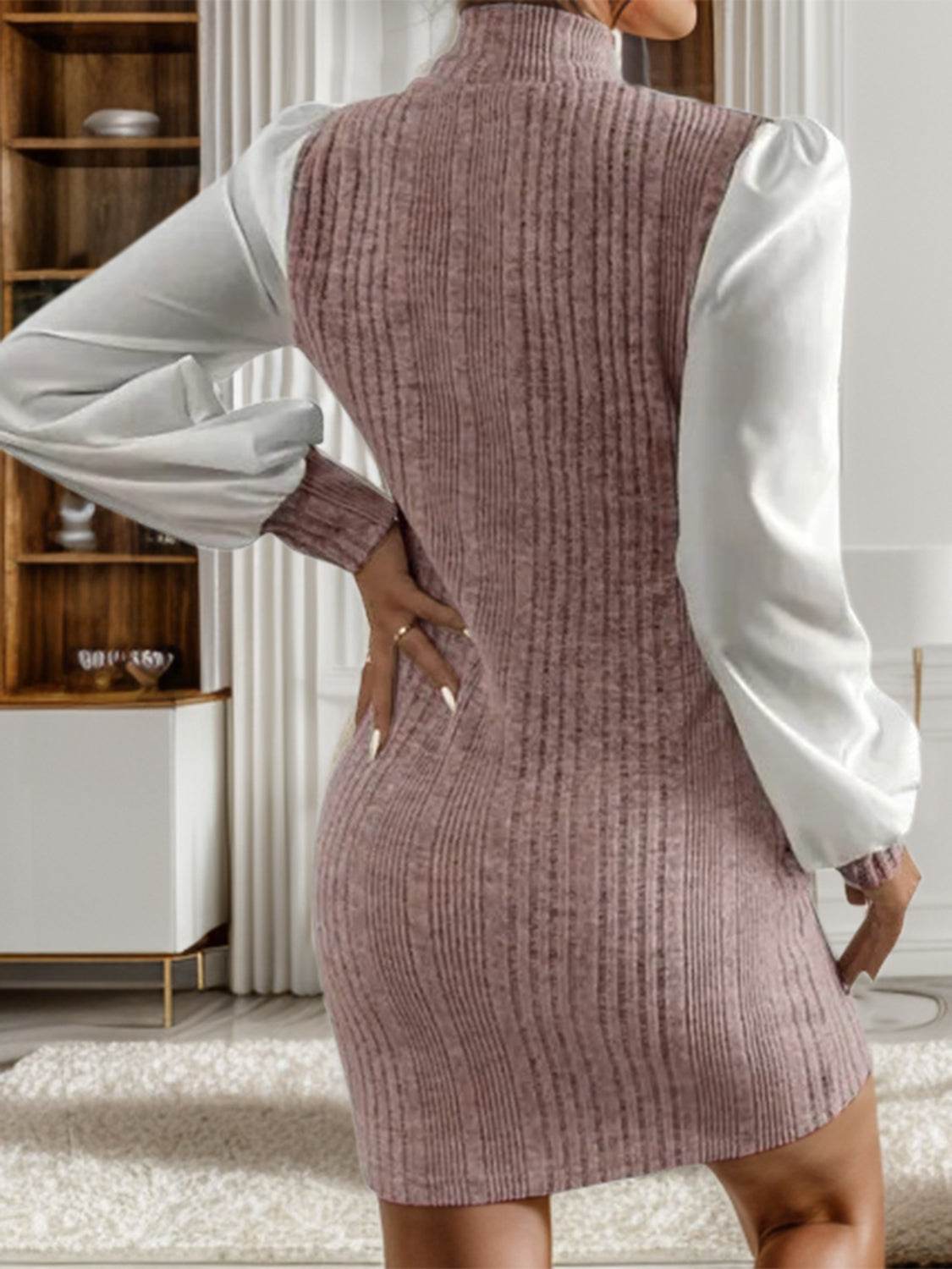 Ribbed Contrast Long Sleeve Sweater Dress - Amexza