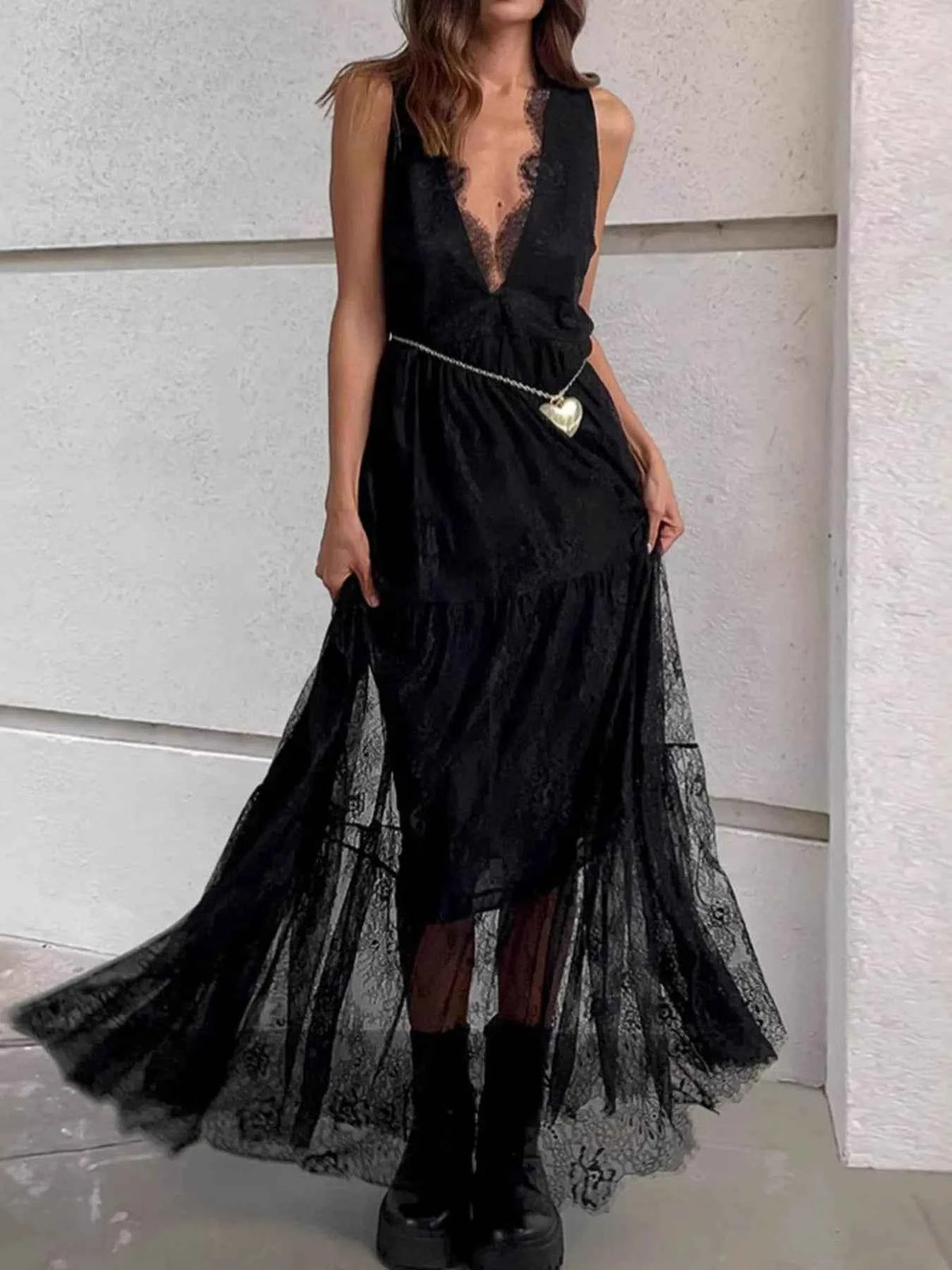 Lace Deep V-Neck Maxi Dress