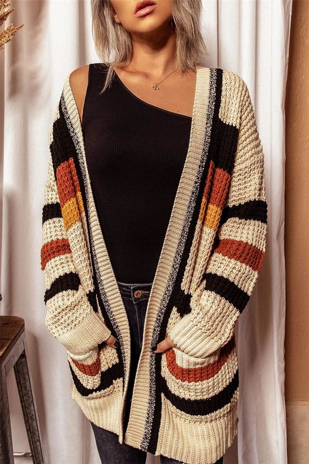 Striped Open Front Longline Cardigan Khaki for a perfect OOTD – dress to impress outfits from Amexza