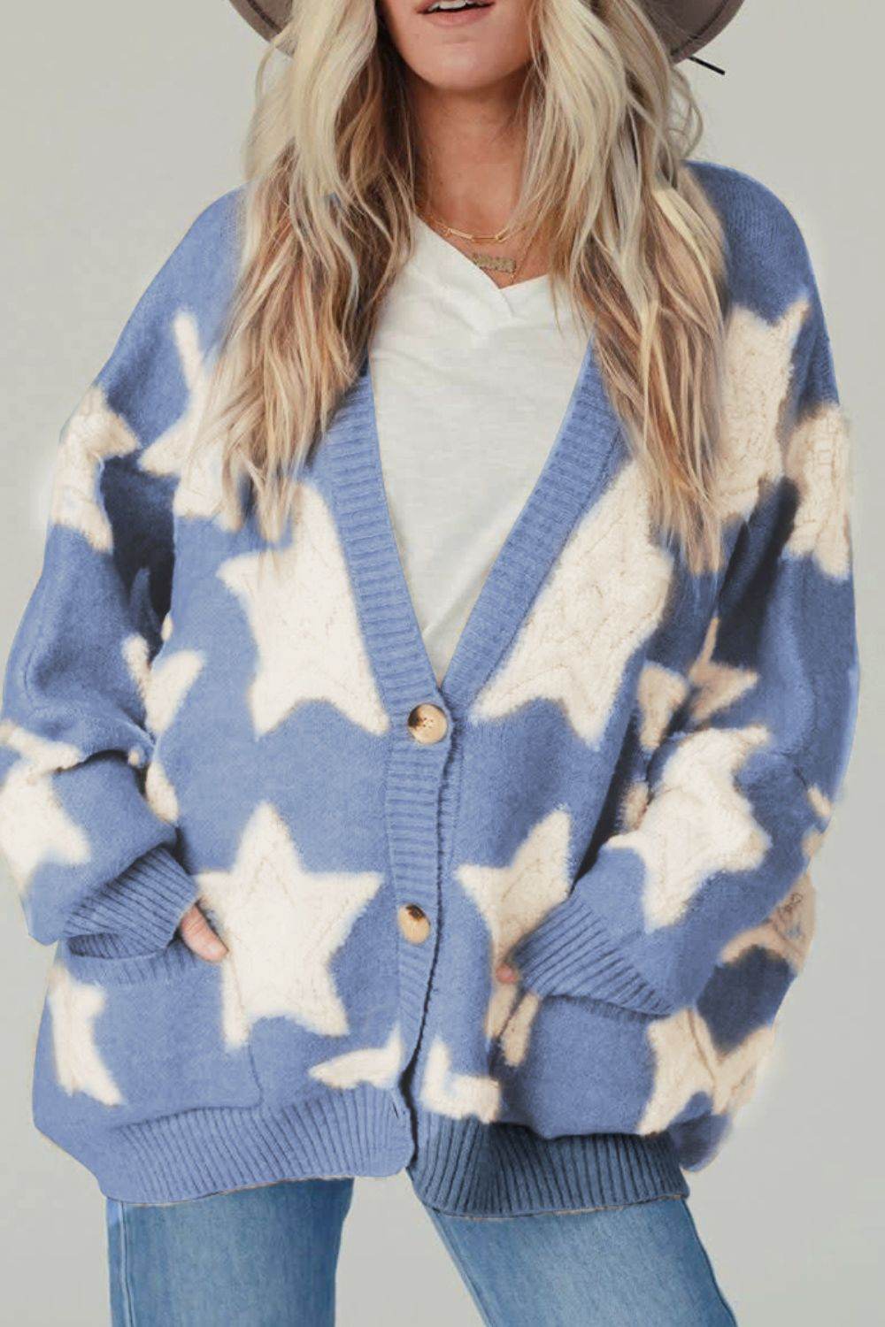 Sherpa Star V-Neck Cardigan with Pockets Sky Blue for a perfect OOTD – dress to impress outfits from Amexza