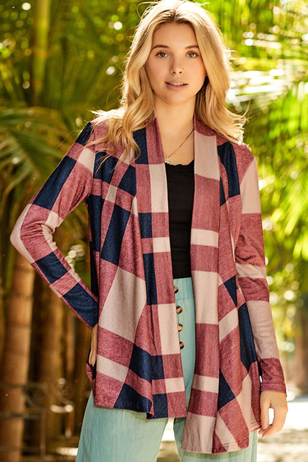 Plaid Open Front Cardigan - Amexza