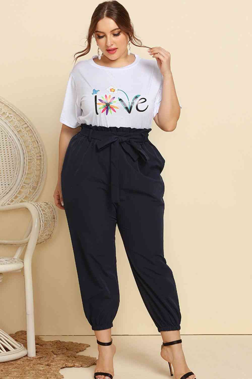 Graphic Tee and Belted Paperbag Joggers Set White for a perfect OOTD – dress to impress outfits from Amexza