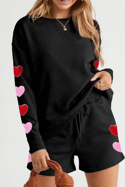 Heart Texture Round Neck Top and Drawstring Shorts Set Black for a perfect OOTD – dress to impress outfits from Amexza