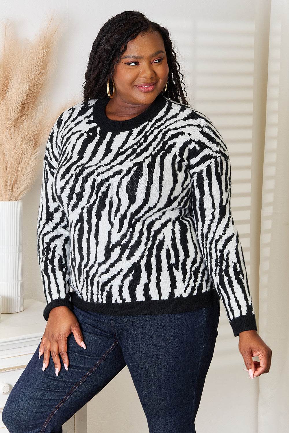 Heimish Full Size Zebra Print Sweater for a perfect OOTD – dress to impress outfits from Amexza
