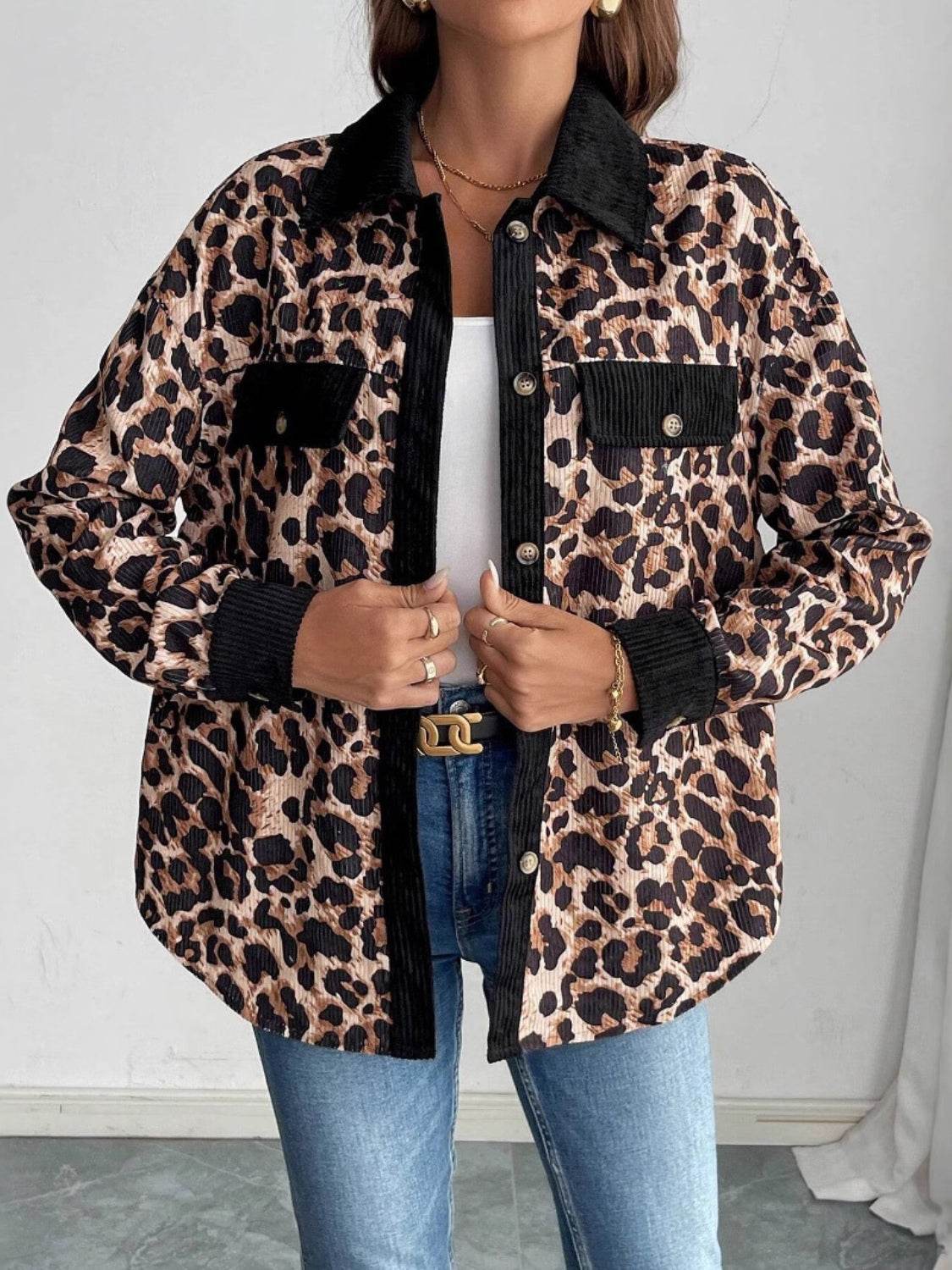 Leopard Collared Neck Button Up Shacket for a perfect OOTD – dress to impress outfits from Amexza