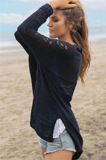 Openwork Side Slit Open Front Long Sleeve Cardigan - Amexza