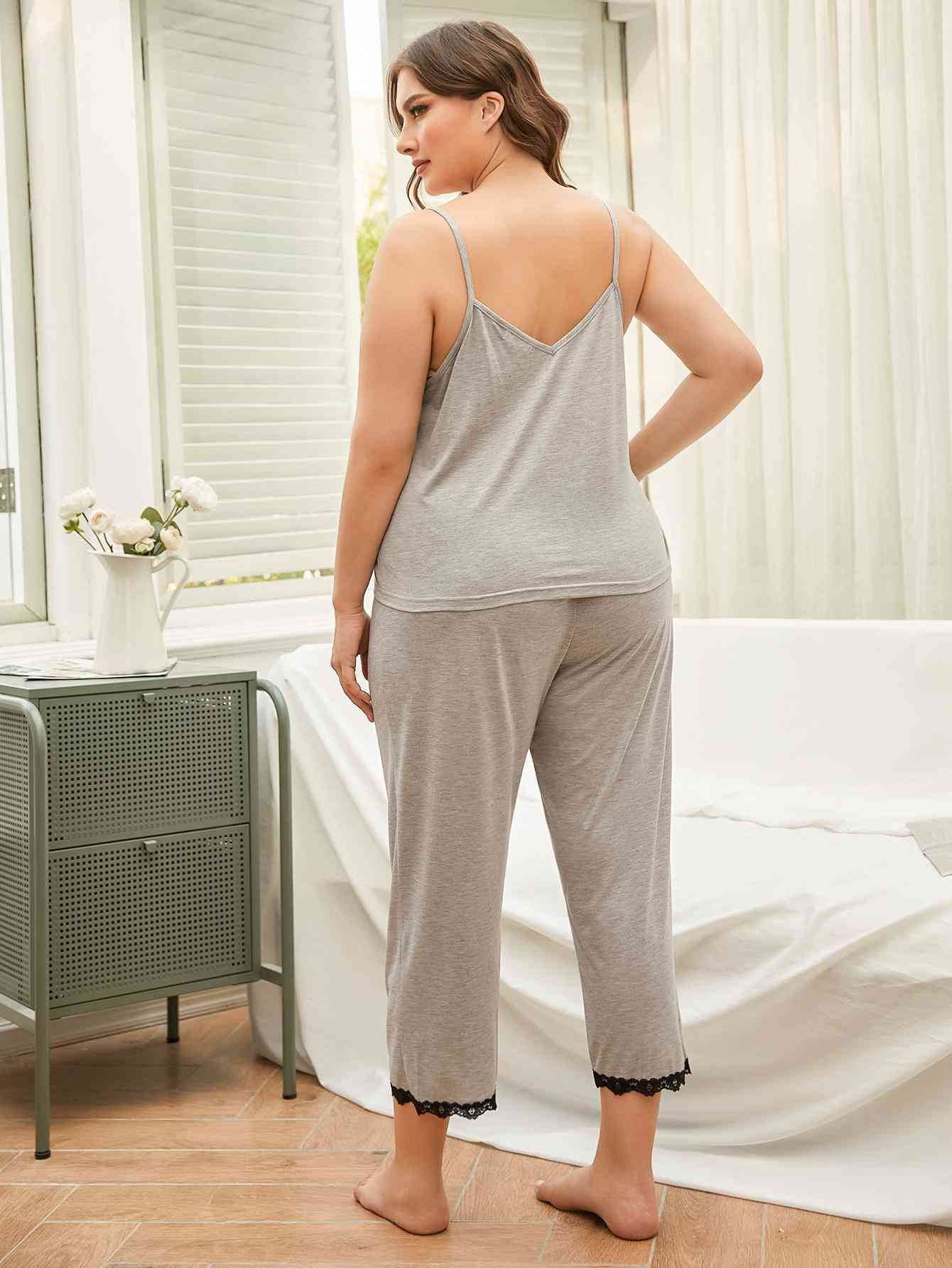 Plus Size Lace Trim Slit Cami and Pants Pajama Set for a perfect OOTD – dress to impress outfits from Amexza