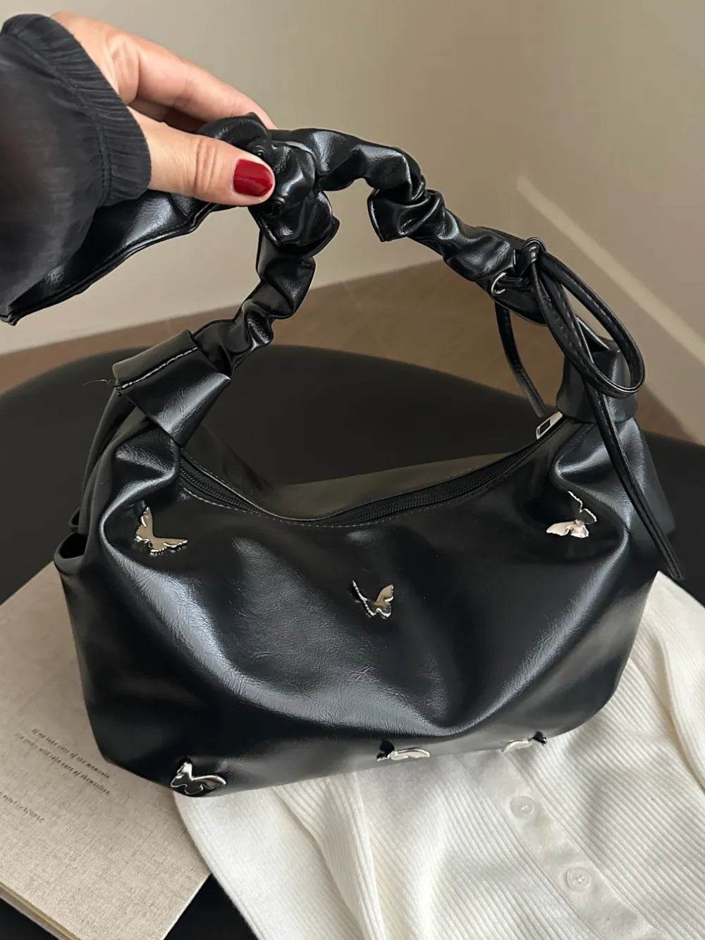 Butterfly Ruched Strap Shoulder Bag Black One Size for a perfect OOTD – dress to impress outfits from Amexza