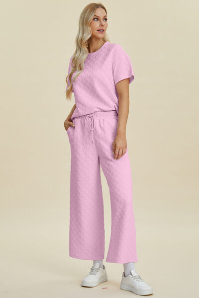 Double Take Full Size Texture Round Neck Short Sleeve Top and Pants Set for a perfect OOTD – dress to impress outfits from Amexza