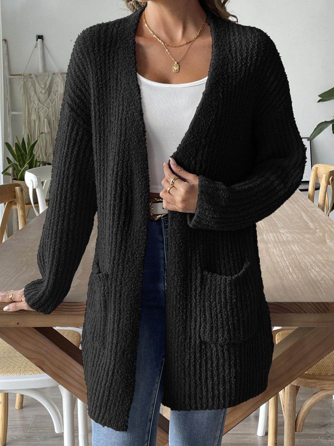 Open Front Long Sleeve Cardigan Black for a perfect OOTD – dress to impress outfits from Amexza