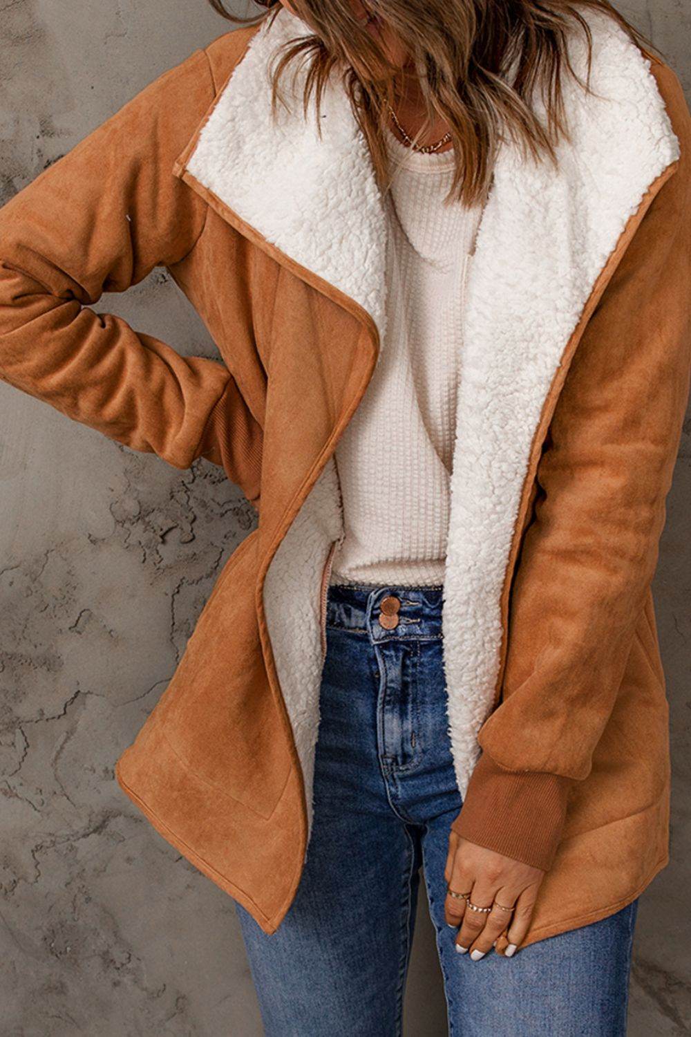 Open Front Long Sleeve Sherpa Jacket Caramel for a perfect OOTD – dress to impress outfits from Amexza