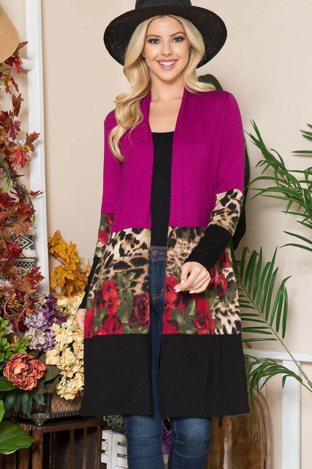 Celeste Full Size Color Block Open Front Cardigan Magenta for a perfect OOTD – dress to impress outfits from Amexza