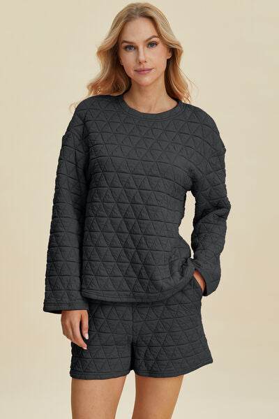 Double Take Full Size Texture Round Neck Long Sleeve Top and Shorts Set Black for a perfect OOTD – dress to impress outfits from Amexza