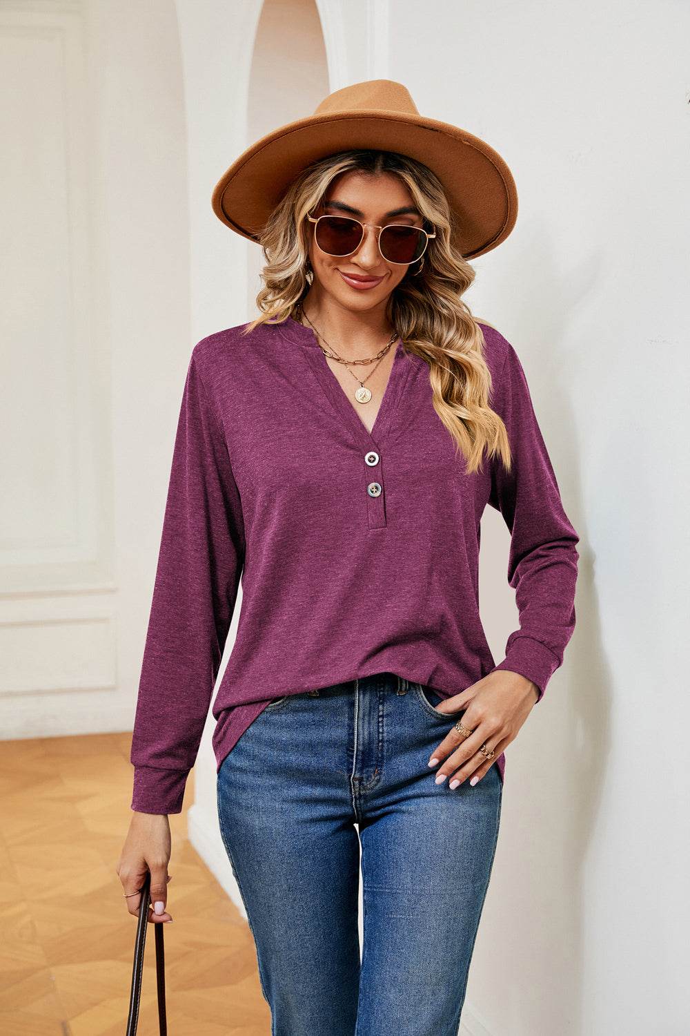 Buttoned Notched Neck Long Sleeve Top Red-Violet for a perfect OOTD – dress to impress outfits from Amexza