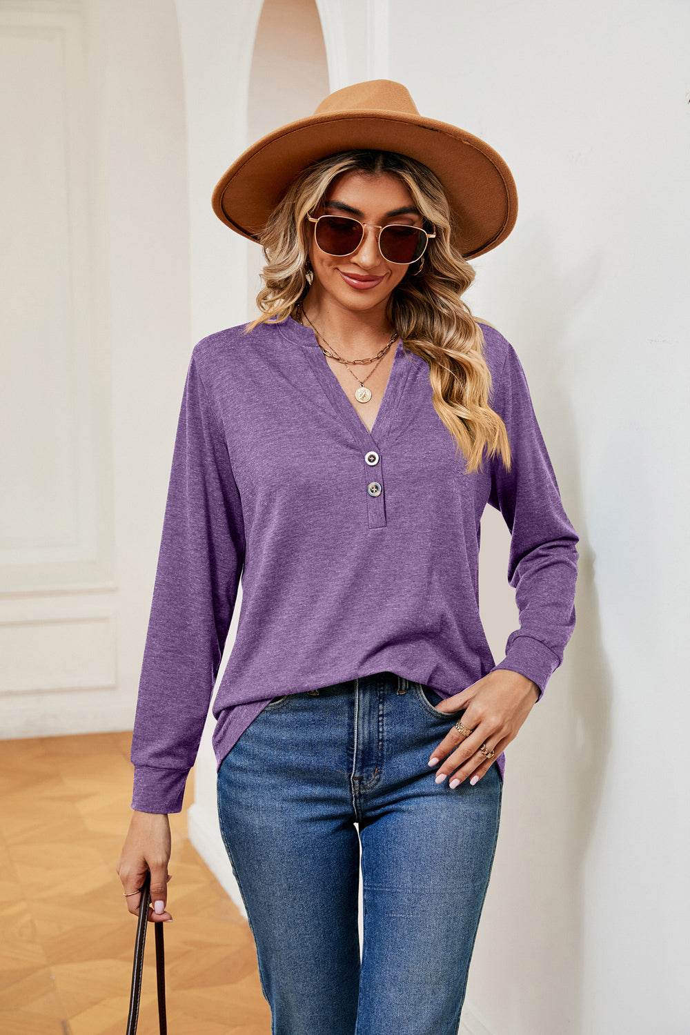 Buttoned Notched Neck Long Sleeve Top Lavender for a perfect OOTD – dress to impress outfits from Amexza