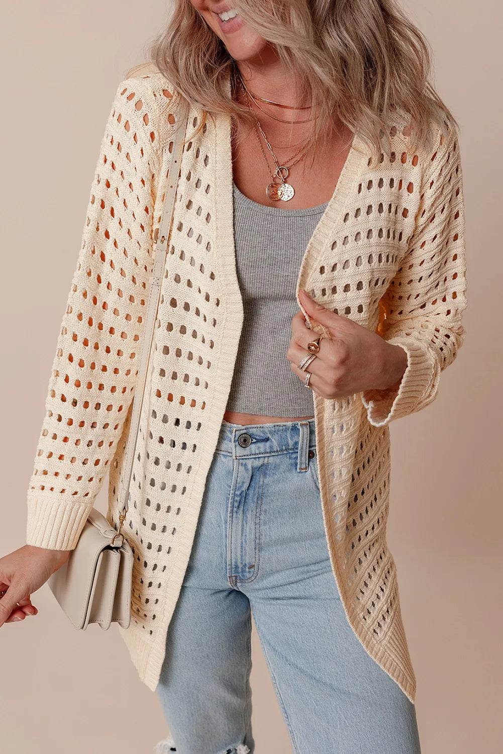 Openwork Open Front Long Sleeve Cardigan - Amexza