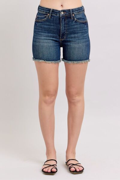 Judy Blue Tummy Control Fray Hem & Shield Back Pockets Denim Shorts Dark for a perfect OOTD – dress to impress outfits from Amexza