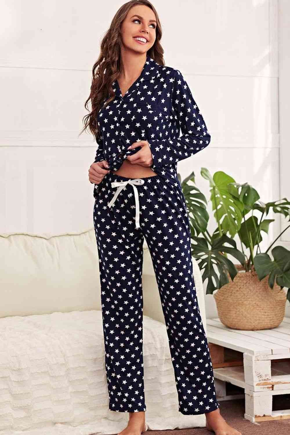 Star Print Button-Up Shirt and Pants Lounge Set for a perfect OOTD – dress to impress outfits from Amexza