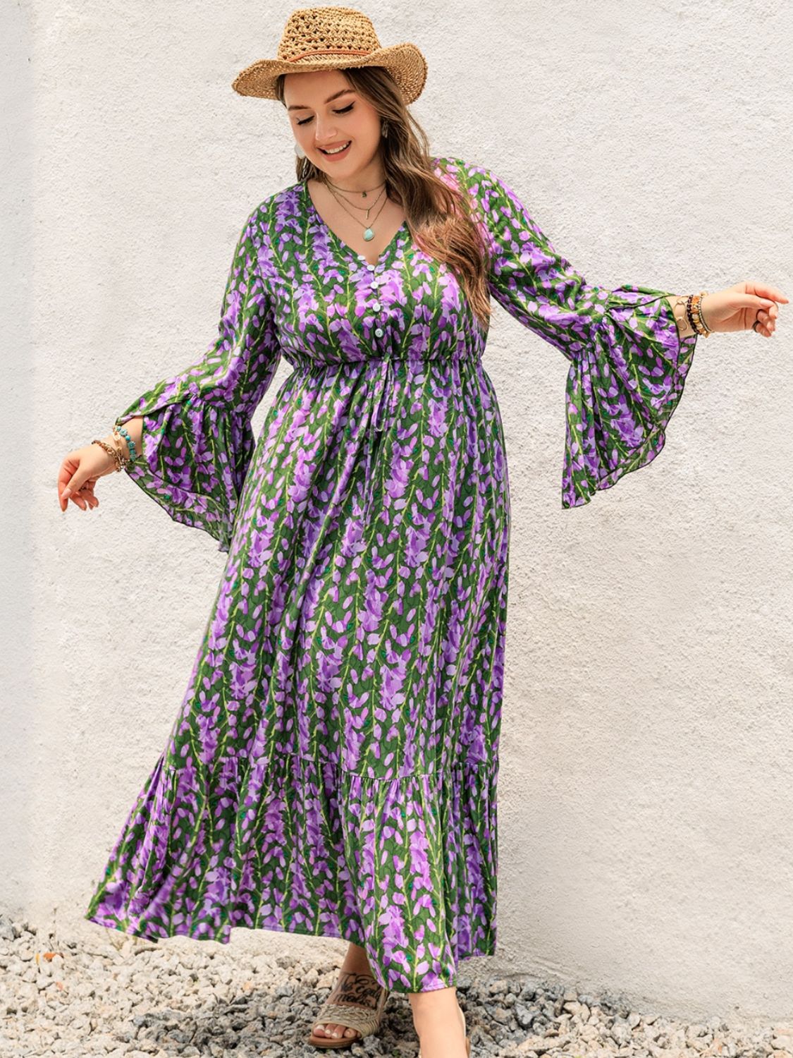 Plus Size Printed V-Neck Long Sleeve Maxi Dress - Mauve / 0XL