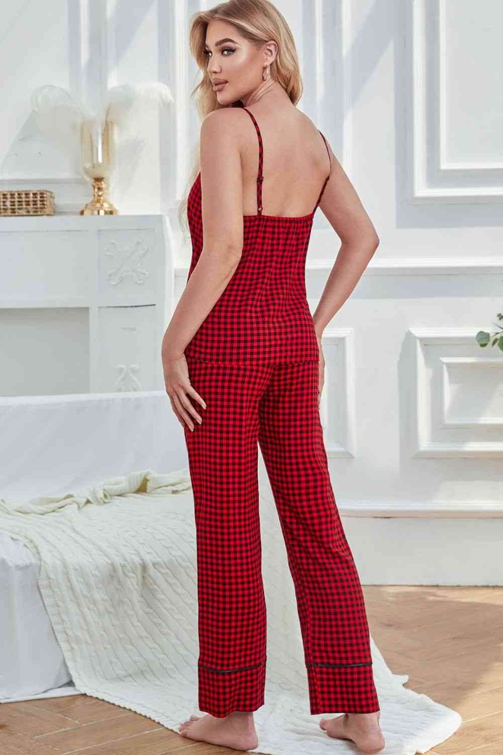 Gingham V-Neck Cami and Tied Pants Lounge Set - Amexza