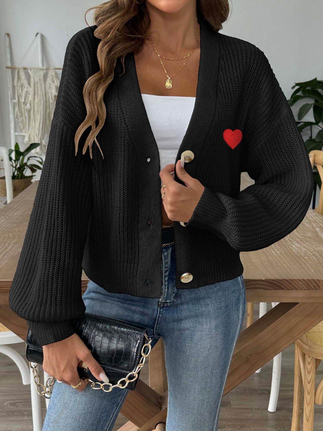 Heart Button Down V-Neck Long Sleeve Cardigan - Amexza