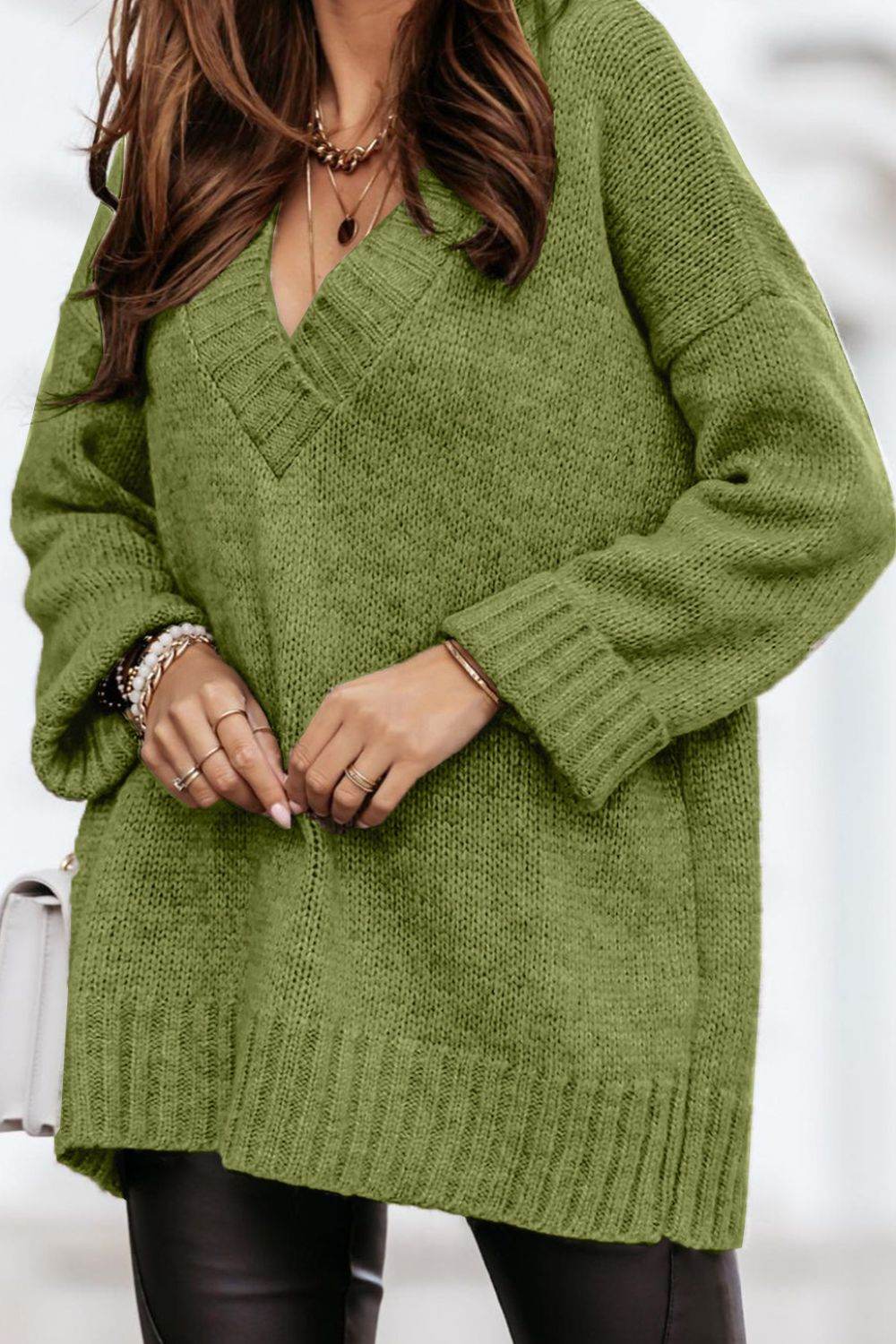 V-Neck Dropped Shoulder Sweater Matcha Green for a perfect OOTD – dress to impress outfits from Amexza