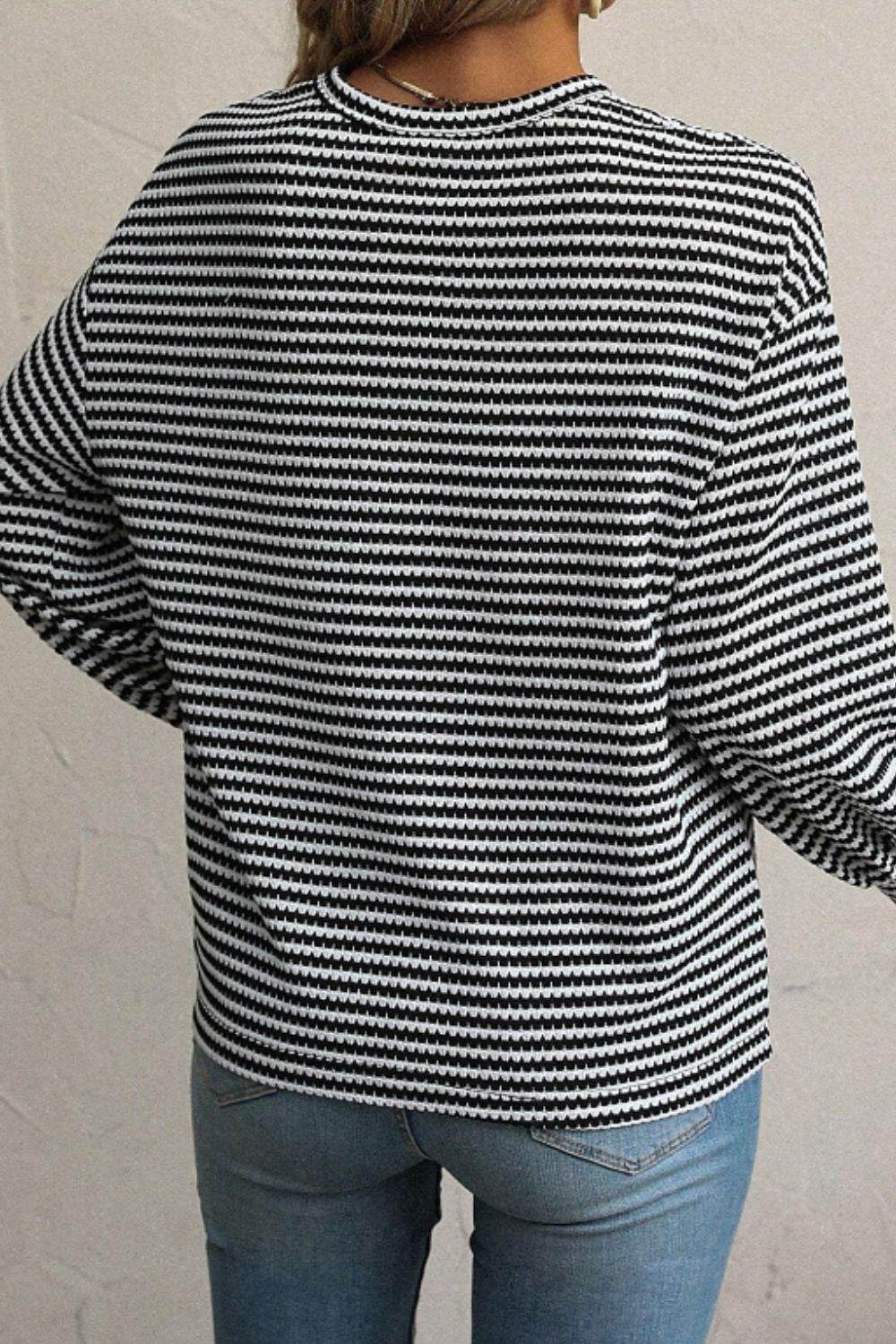 Striped Round Neck Long Sleeve Top for a perfect OOTD – dress to impress outfits from Amexza