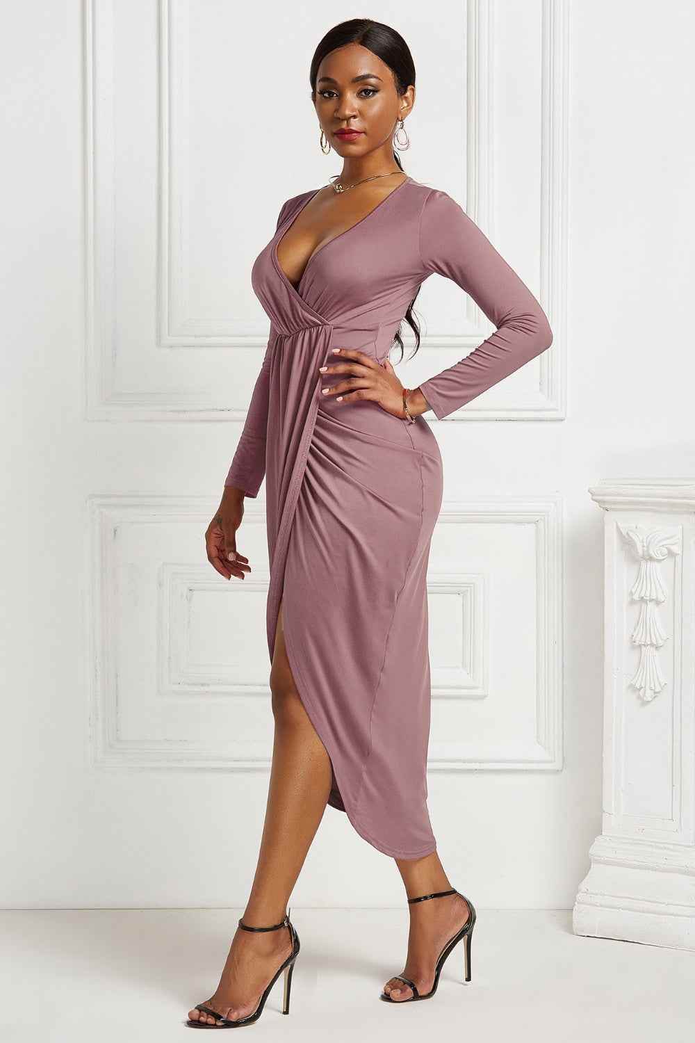 High-low Ruched Surplice Long Sleeve Dress for a perfect OOTD – dress to impress outfits from Amexza