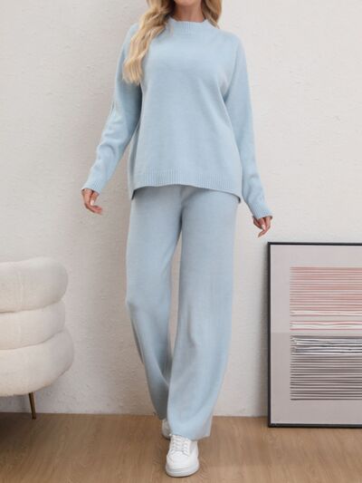 Mock Neck Long Sleeve Top and Pants Sweater Set Light Blue One Size for a perfect OOTD – dress to impress outfits from Amexza