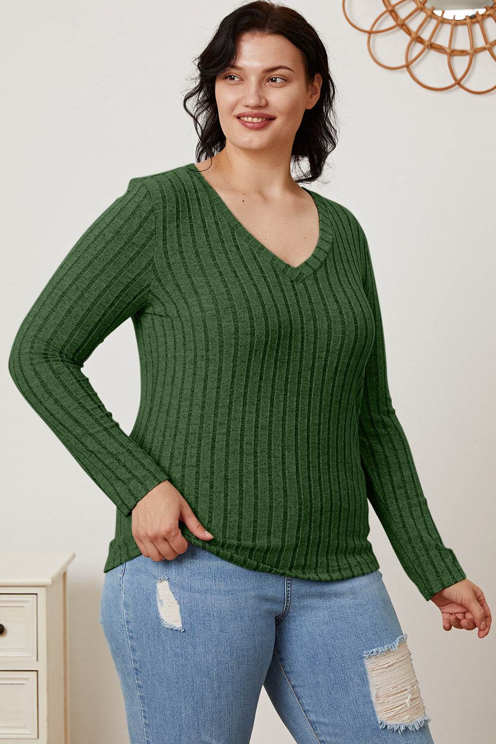 Basic Bae Full Size Ribbed V-Neck Long Sleeve T-Shirt for a perfect OOTD – dress to impress outfits from Amexza