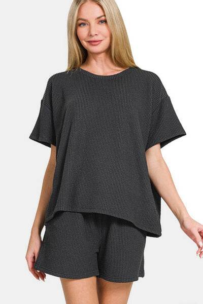 Zenana Rib Short Sleeve T-Shirt and Shorts Set Black for a perfect OOTD – dress to impress outfits from Amexza