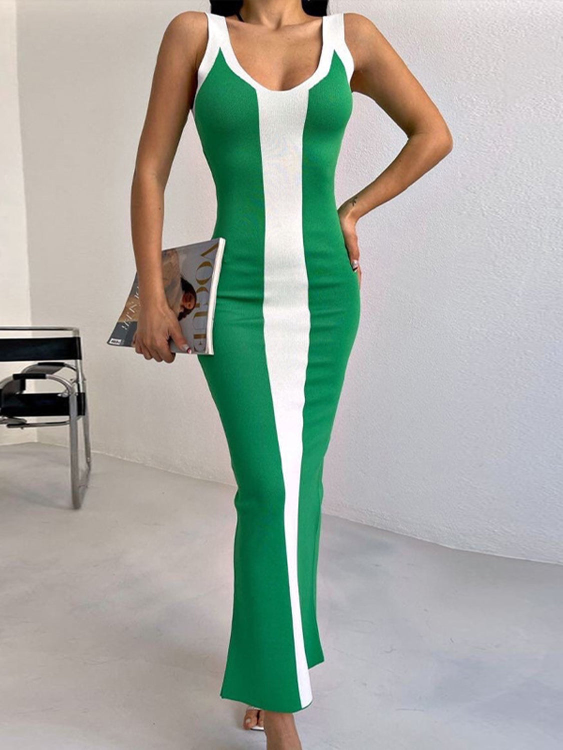 Contrast Wide Strap Slit Midi Dress - Mid Green / S