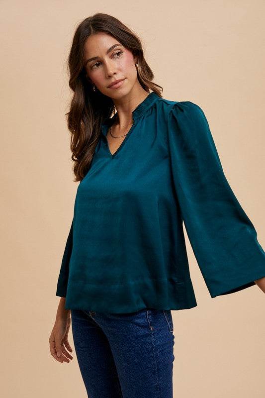 Annie Wear Satin Notched Three-Quarter Sleeve Blouse Deep Teal for a perfect OOTD – dress to impress outfits from Amexza