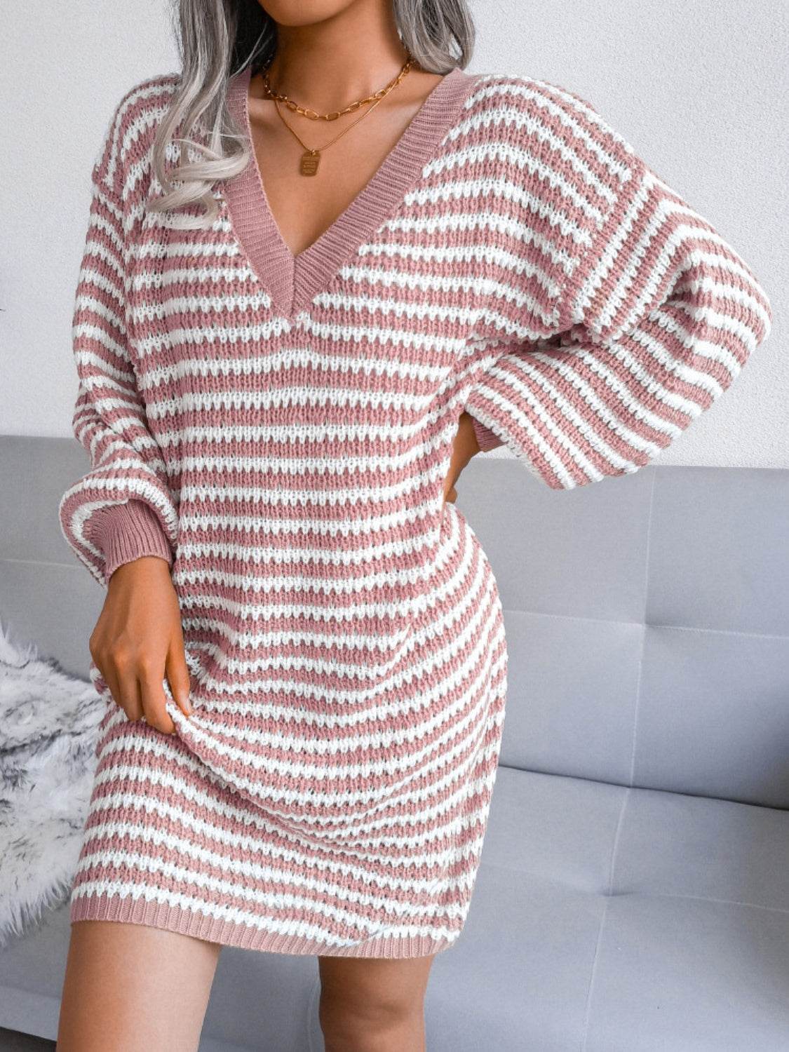 Striped V-Neck Long Sleeve Mini Sweater Dress for a perfect OOTD – dress to impress outfits from Amexza